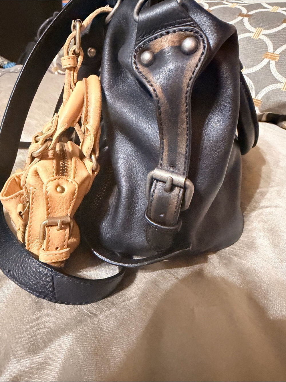 We The Free Black Leather Shoulder Bag with Tan Accent Charm Miniature Purse - Picture 4 of 10